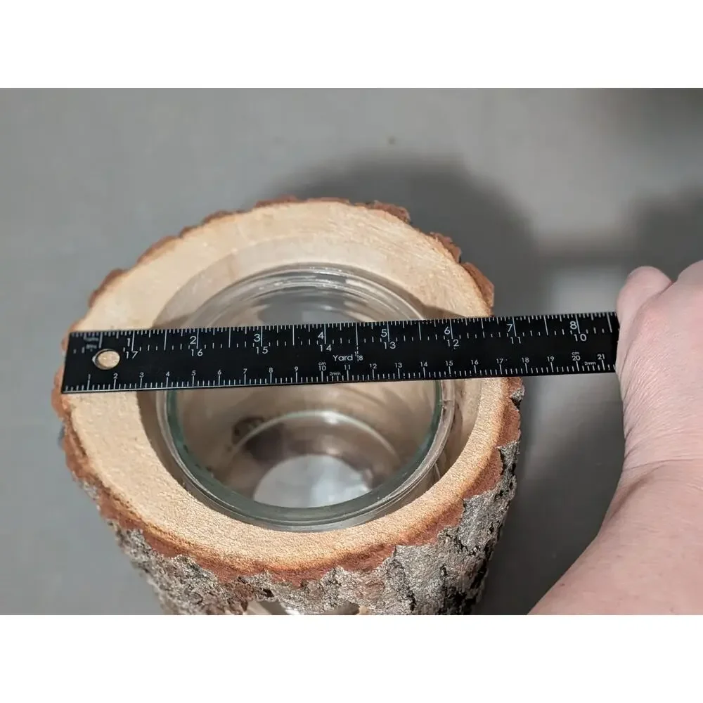 Rustic Tree Bark Log Candle Holder Lantern with Acorn Cutout & Glass Insert
